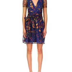 ML Monique Lhuillier Embroidered Mesh Puff Sleeve Cocktail Dress in Blue NWOT Si